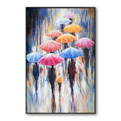 Rainbow Umbrella – Colorful Rainy Street Oil Painting – Abstract Umbrella Wall Art