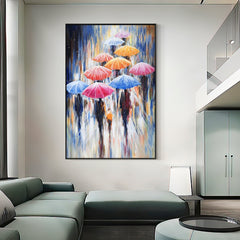 Rainbow Umbrella – Colorful Rainy Street Oil Painting – Abstract Umbrella Wall Art
