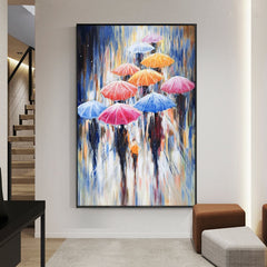 Rainbow Umbrella – Colorful Rainy Street Oil Painting – Abstract Umbrella Wall Art
