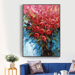 Red Roses-Palette Knife Red Rose Oil Painting – Vibrant Textured Floral Art with Blue Background
