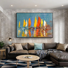 Sailing Spectacle – Hand-Painted Textured Sailboat Oil Painting for Coastal