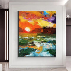 Sunset-Abstract Vibrant Sunset Landscape Oil Painting – Nature Wall Art for Home Decoration