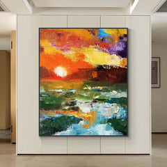 Sunset-Abstract Vibrant Sunset Landscape Oil Painting – Nature Wall Art for Home Decoration
