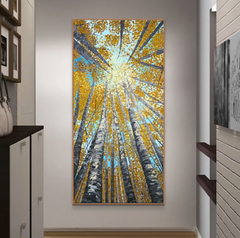 Sunshine – Autumn Birch Tree Forest Oil Painting,Vertical Wall Art with Sunlight Through Treetops