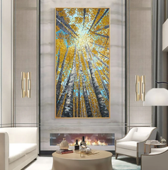 Sunshine – Autumn Birch Tree Forest Oil Painting,Vertical Wall Art with Sunlight Through Treetops