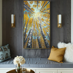 Sunshine – Autumn Birch Tree Forest Oil Painting,Vertical Wall Art with Sunlight Through Treetops