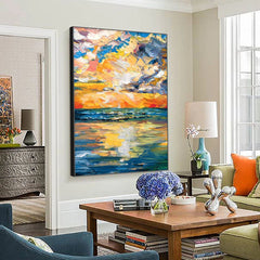 The Beauty of the Setting Sun-Abstract Seascape Oil Painting – Coastal Sunset Wall Art