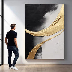 Golden Harmony: Large Abstract Triptych Wall Art: Gold & Black Textured Canvas Paintings