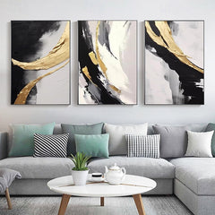 Golden Harmony: Large Abstract Triptych Wall Art: Gold & Black Textured Canvas Paintings