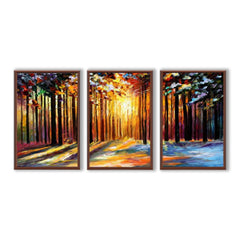 Ray of Hope – Forest Triptych Painting with Sunlight and Trees for Modern Interiors