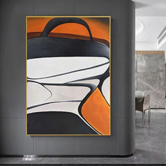 Abstract Vertical Canvas Wall Art: Black, White & Orange Curved Geometric Shapes Decor