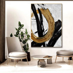Golden Circle – Abstract Black and Gold Minimalist Oil Painting for Modern Wall Decor