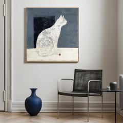 Silent Gaze-Wabi-Sabi White Cat Art Painting on Dark Background – Home Wall Decor