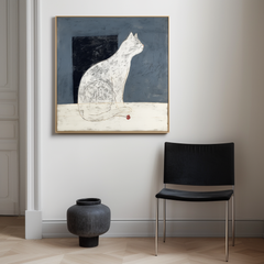 Silent Gaze-Wabi-Sabi White Cat Art Painting on Dark Background – Home Wall Decor