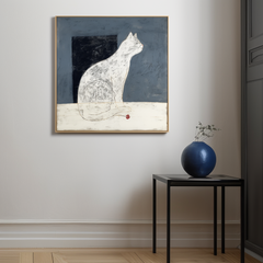 Silent Gaze-Wabi-Sabi White Cat Art Painting on Dark Background – Home Wall Decor