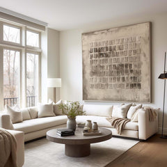 Grid Harmony – Wabi-Sabi Abstract Painting in Neutral Earth Tones for Living Room