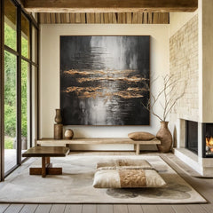 Veil of Horizons-Black Gold Abstract Oil Painting