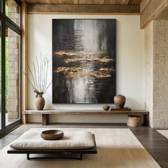 Veil of Horizons-Black Gold Abstract Oil Painting