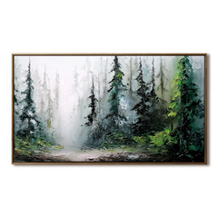 Panoramic Forest Landscape Oil Painting – Large Misty Nature Wall Art