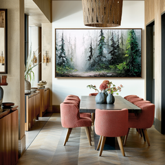 Panoramic Forest Landscape Oil Painting – Large Misty Nature Wall Art