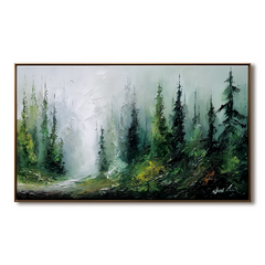 Wide Forest Landscape Oil Painting – Large Misty Nature Wall Art