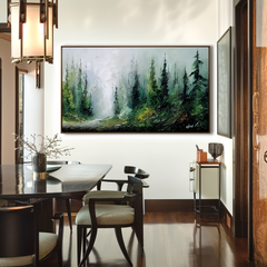 Wide Forest Landscape Oil Painting – Large Misty Nature Wall Art
