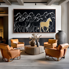 Golden Stride – Modern Minimalist Horse Painting Black and Gold Wall Art