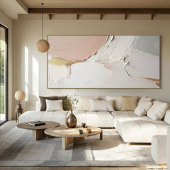 Blushing Horizon – Large Horizontal Abstract Textured Oil Painting for Living Room
