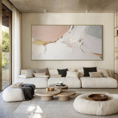 Blushing Horizon – Large Horizontal Abstract Textured Oil Painting for Living Room