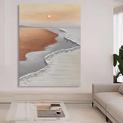 Textured Coastal Sunset Oil Painting – Neutral Toned Seaside Landscape 3D Wave Contemporary art