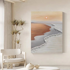 Textured Coastal Sunset Oil Painting – Neutral Toned Seaside Landscape 3D Wave Contemporary art