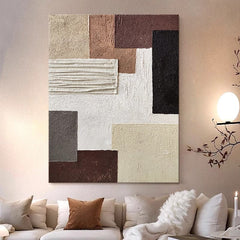 Abstract Geometric Textured Wall Art – Neutral Tones 3D Relief Painting for Home Decoration