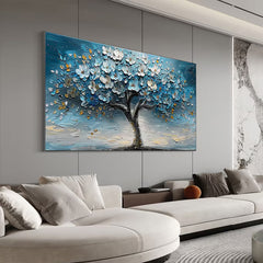 Azure Blossom Tree- 3D Textured Blue Gold Tree Paintting, Modern Framed Art
