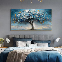 Azure Blossom Tree- 3D Textured Blue Gold Tree Paintting, Modern Framed Art