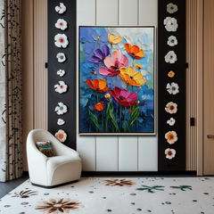 Midnight Bloom – Impasto Flower Oil Painting, Colorful Poppies on Blue Background Wall Art
