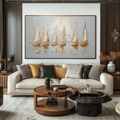 Golden Regatta – Abstract Textured Sailing Boats Oil Painting: Serene Water Reflection Art