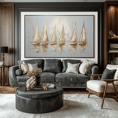 Golden Regatta – Abstract Textured Sailing Boats Oil Painting: Serene Water Reflection Art