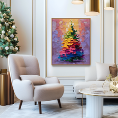 Aurora Christmas – Rainbow Holiday Tree Oil Painting, Festive Textured Wall Art