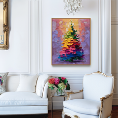 Aurora Christmas – Rainbow Holiday Tree Oil Painting, Festive Textured Wall Art