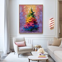 Aurora Christmas – Rainbow Holiday Tree Oil Painting, Festive Textured Wall Art