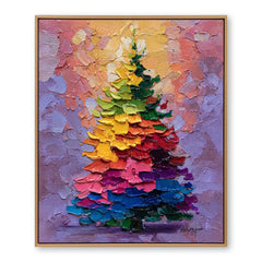 Aurora Christmas – Rainbow Holiday Tree Oil Painting, Festive Textured Wall Art