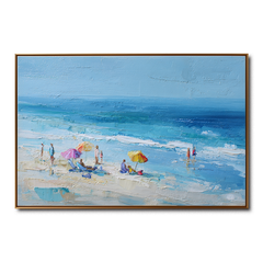 Beach Scene Wall Art – Coastal Seaside Canvas Painting with Umbrellas