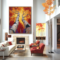 Birch Tree Abstract Oil Painting – Large Textured Wall Art