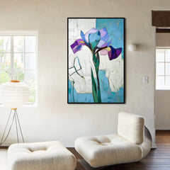 Breathe in Blue – Purple Iris on Abstract Background Textured Minimalist Floral Painting