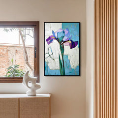 Breathe in Blue – Purple Iris on Abstract Background Textured Minimalist Floral Painting