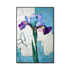 Breathe in Blue – Purple Iris on Abstract Background Textured Minimalist Floral Painting