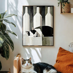 Camoufeline – Minimalist Sleeping Cat Between Bottles Abstract Geometric Animal Art