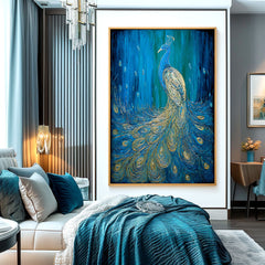 Celestial Grace – Textured Blue and Gold Peacock Oil Painting