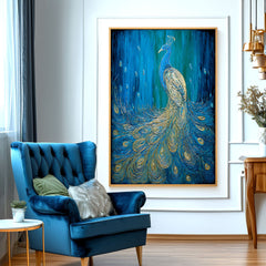 Celestial Grace – Textured Blue and Gold Peacock Oil Painting