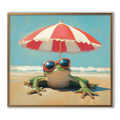 Chill Frog: Funny Frog on Beach with Sunglasses – Textured Seascape Wall Art